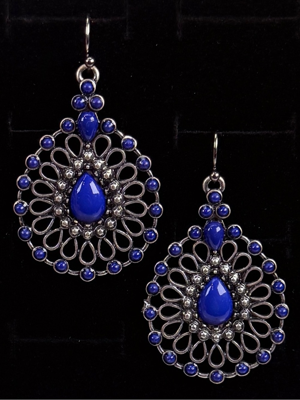 Bohemian Chic Blue Teardrop Filigree Dangle Pierced Earrings